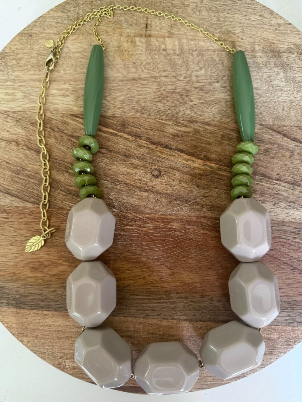 David Aubrey Chunky Geometric Resin Statement Necklace Earthy Olive Green Taupe